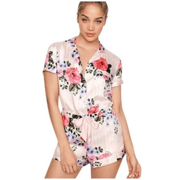 Victoria's Secret Floral Stripe Satin Pajama Romper Sleepwear SZ S - Picture 3 of 10